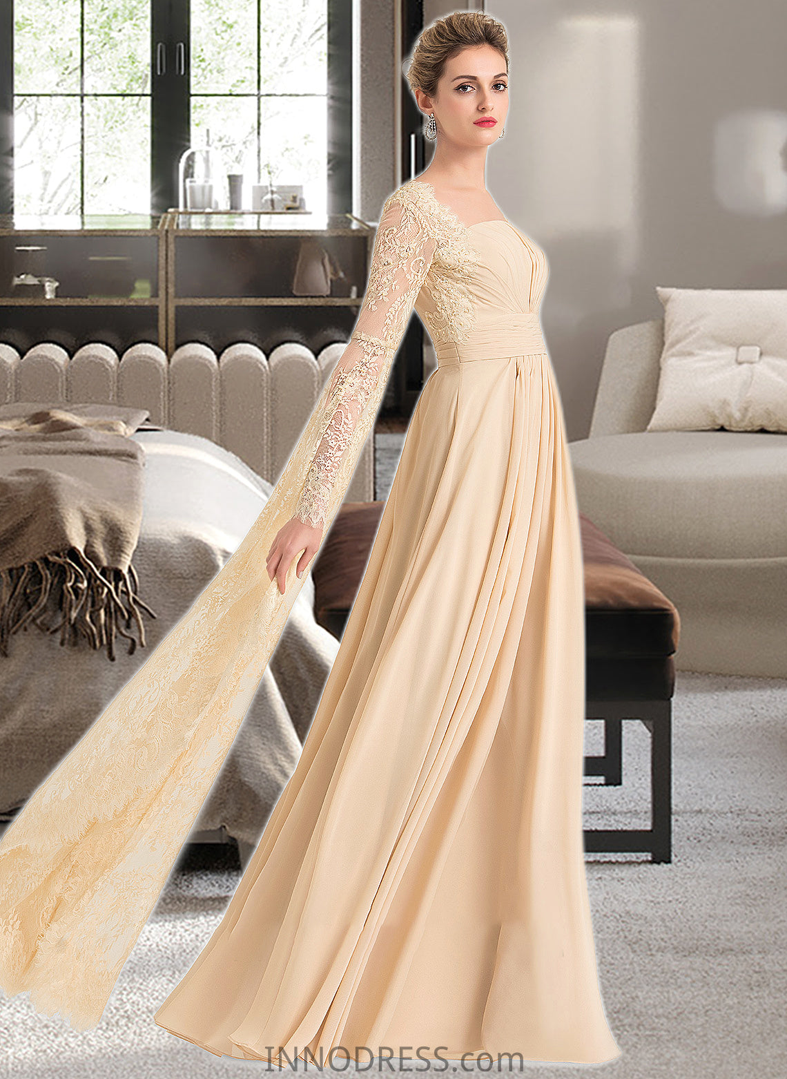 Jamya A-Line Square Neckline Floor-Length Chiffon Wedding Dress With Ruffle Beading DPP0013783