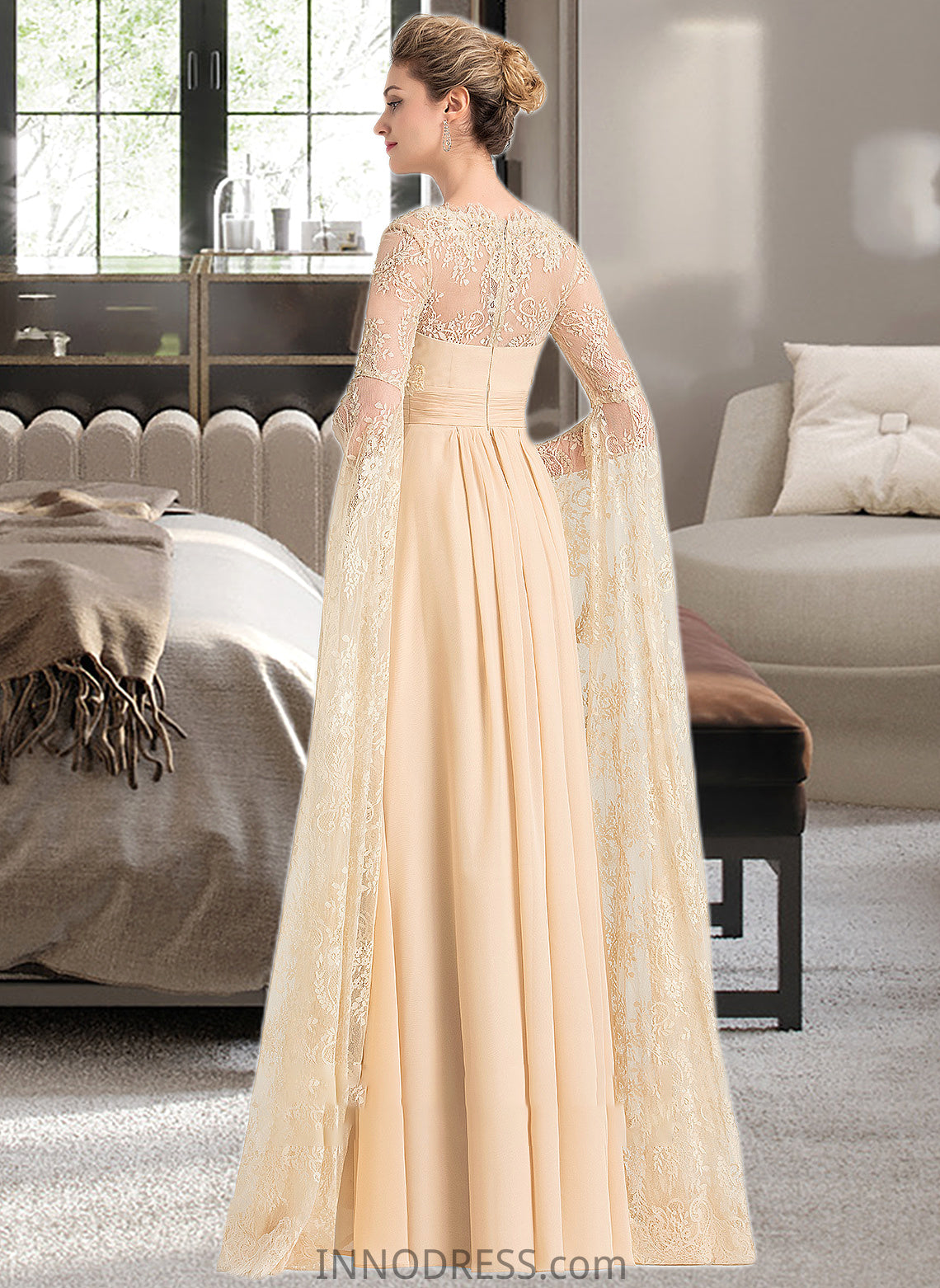 Jamya A-Line Square Neckline Floor-Length Chiffon Wedding Dress With Ruffle Beading DPP0013783