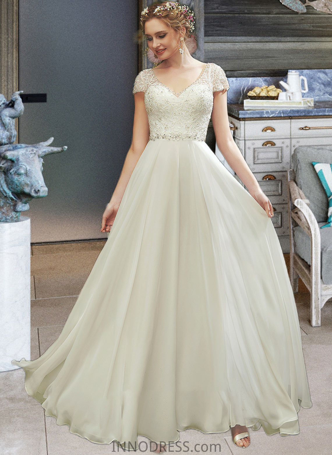 Kiera A-Line V-neck Floor-Length Wedding Dress With Lace Beading Sequins DPP0013784