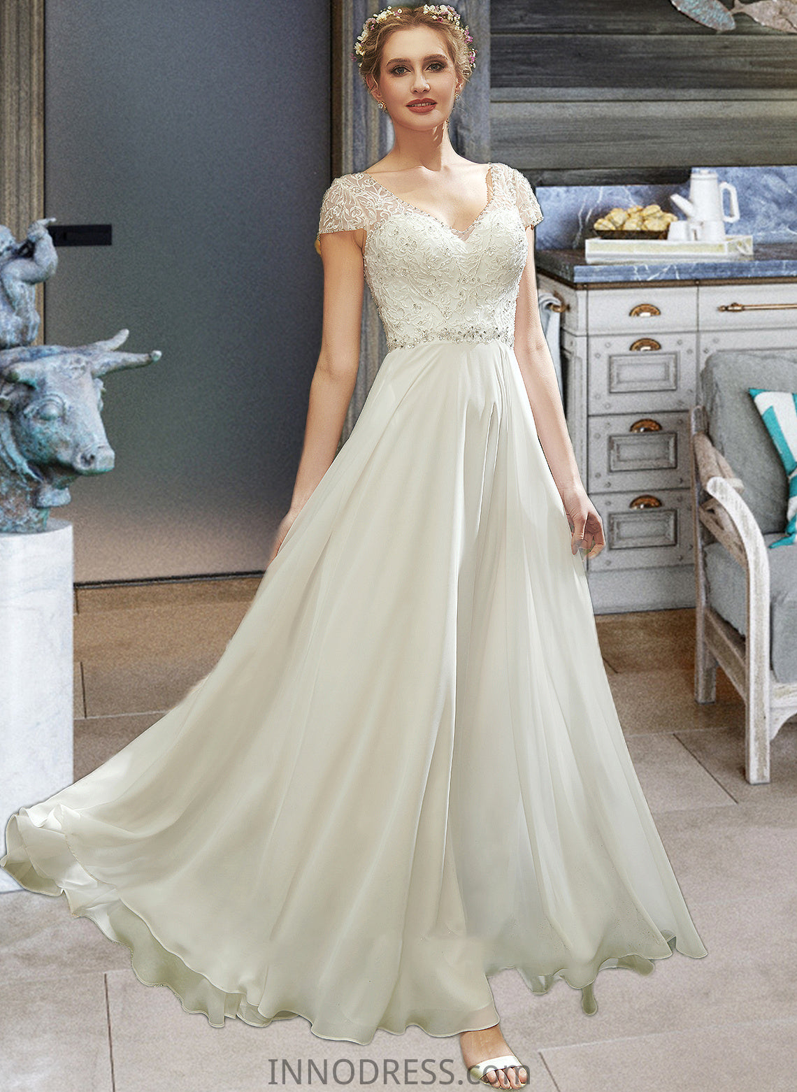 Kiera A-Line V-neck Floor-Length Wedding Dress With Lace Beading Sequins DPP0013784