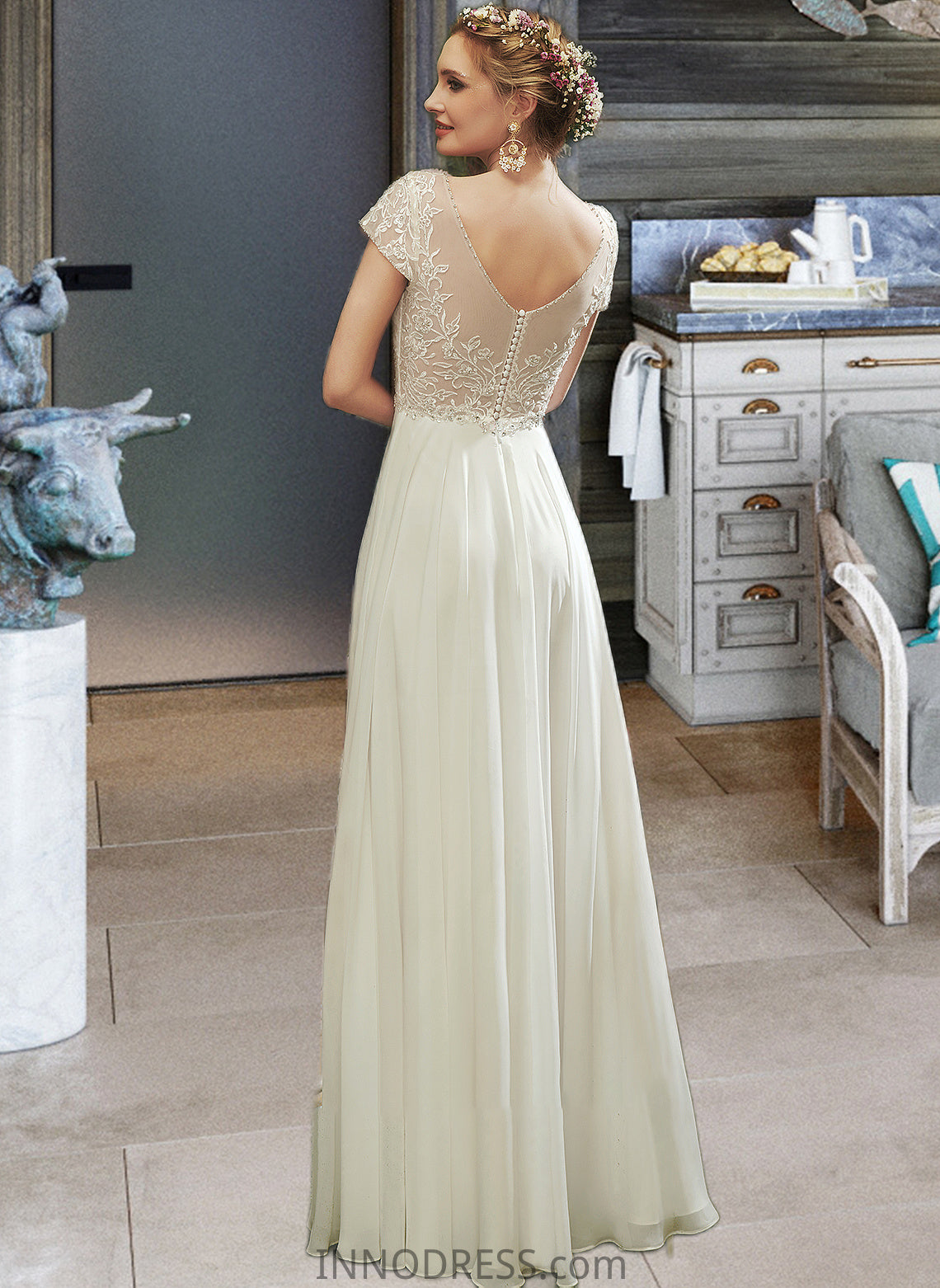 Kiera A-Line V-neck Floor-Length Wedding Dress With Lace Beading Sequins DPP0013784