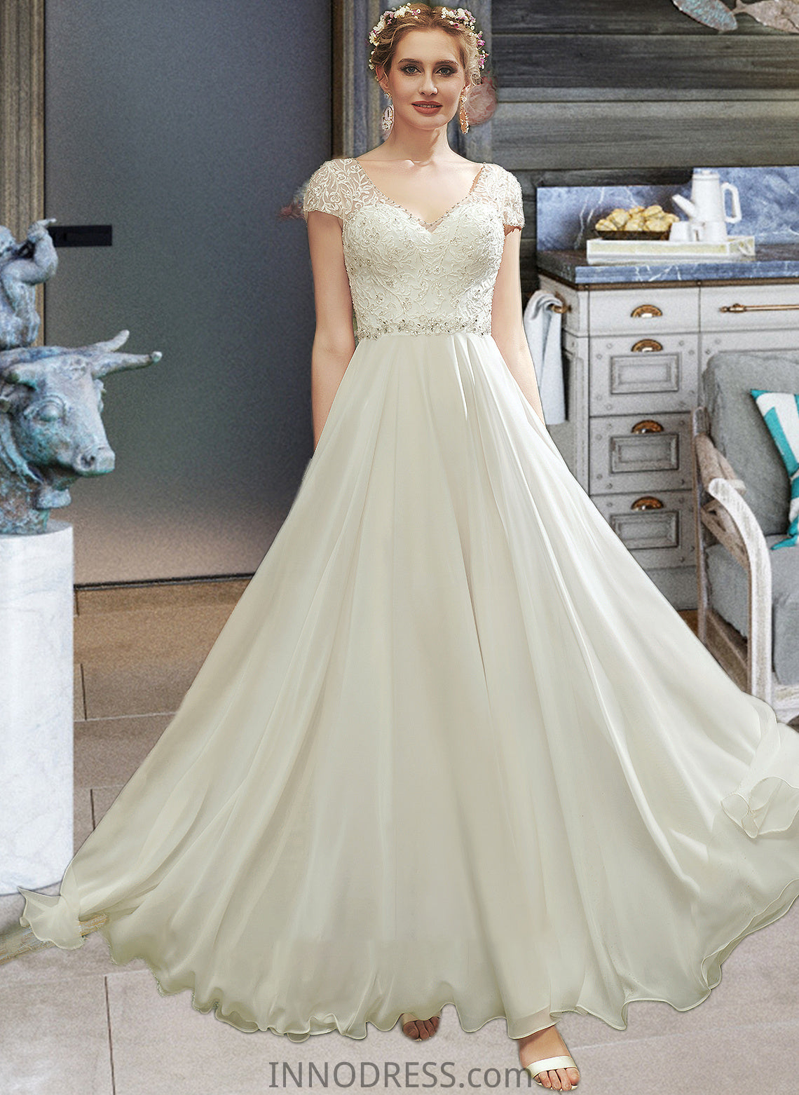 Kiera A-Line V-neck Floor-Length Wedding Dress With Lace Beading Sequins DPP0013784