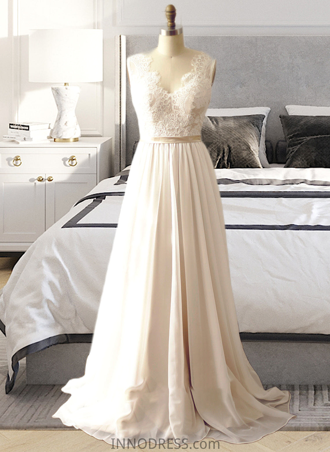 Nathaly A-Line V-neck Court Train Chiffon Wedding Dress DPP0013785