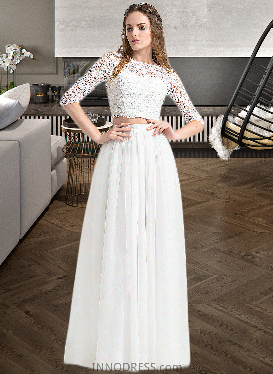 Evelin A-Line Scoop Neck Floor-Length Tulle Wedding Dress DPP0013787