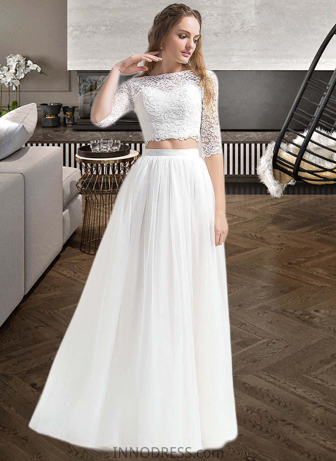 Evelin A-Line Scoop Neck Floor-Length Tulle Wedding Dress DPP0013787