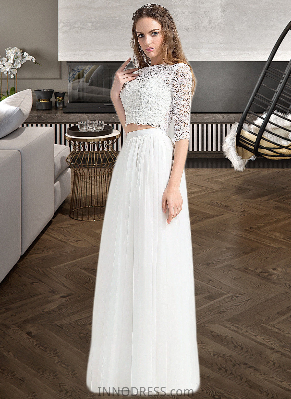 Evelin A-Line Scoop Neck Floor-Length Tulle Wedding Dress DPP0013787