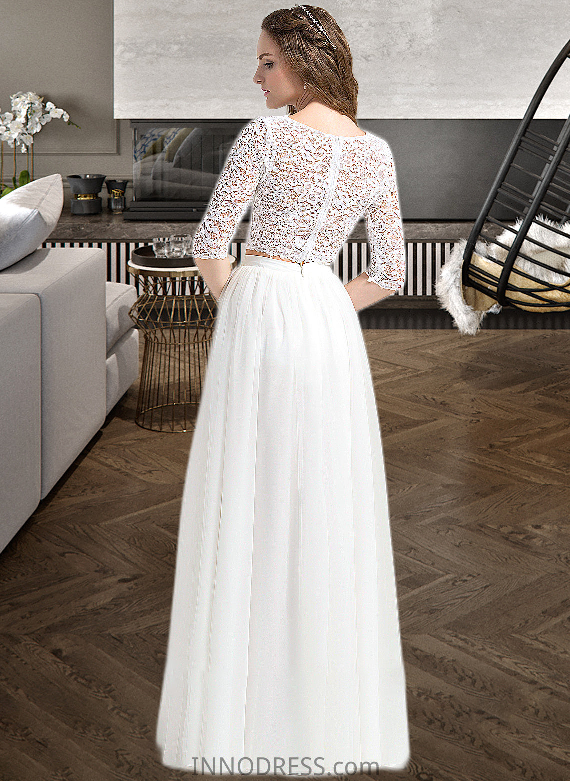 Evelin A-Line Scoop Neck Floor-Length Tulle Wedding Dress DPP0013787