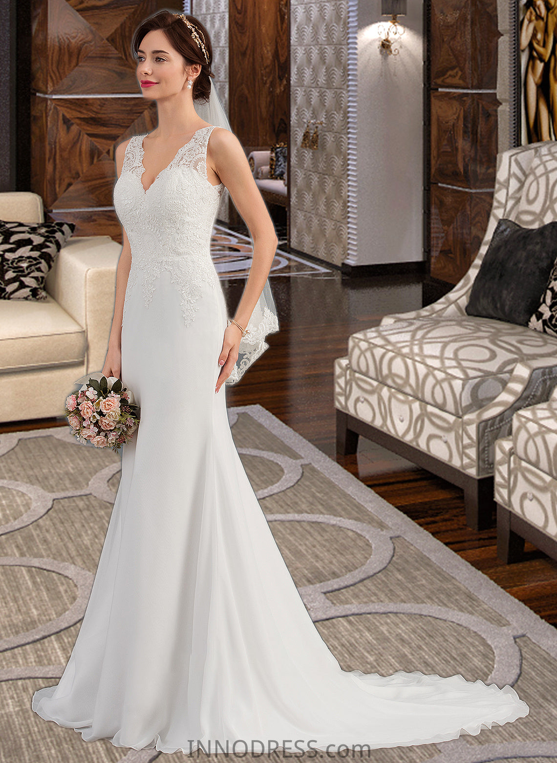 Martha Trumpet/Mermaid V-neck Court Train Chiffon Wedding Dress DPP0013788