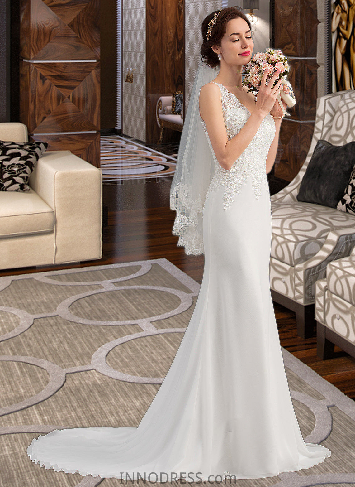 Martha Trumpet/Mermaid V-neck Court Train Chiffon Wedding Dress DPP0013788