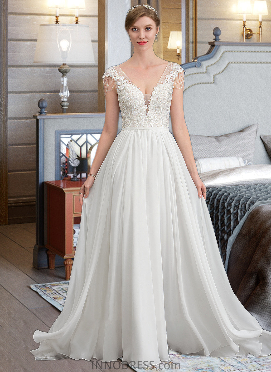 Noelle A-Line V-neck Sweep Train Chiffon Wedding Dress With Beading Sequins DPP0013792