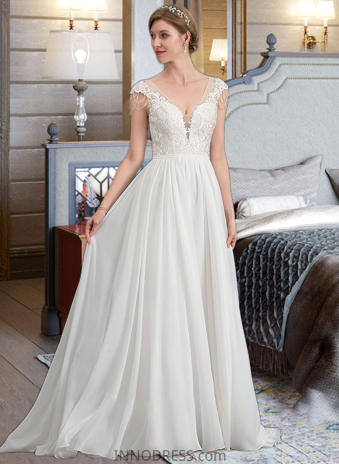 Noelle A-Line V-neck Sweep Train Chiffon Wedding Dress With Beading Sequins DPP0013792