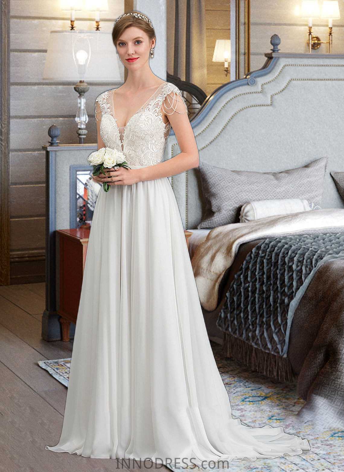 Noelle A-Line V-neck Sweep Train Chiffon Wedding Dress With Beading Sequins DPP0013792