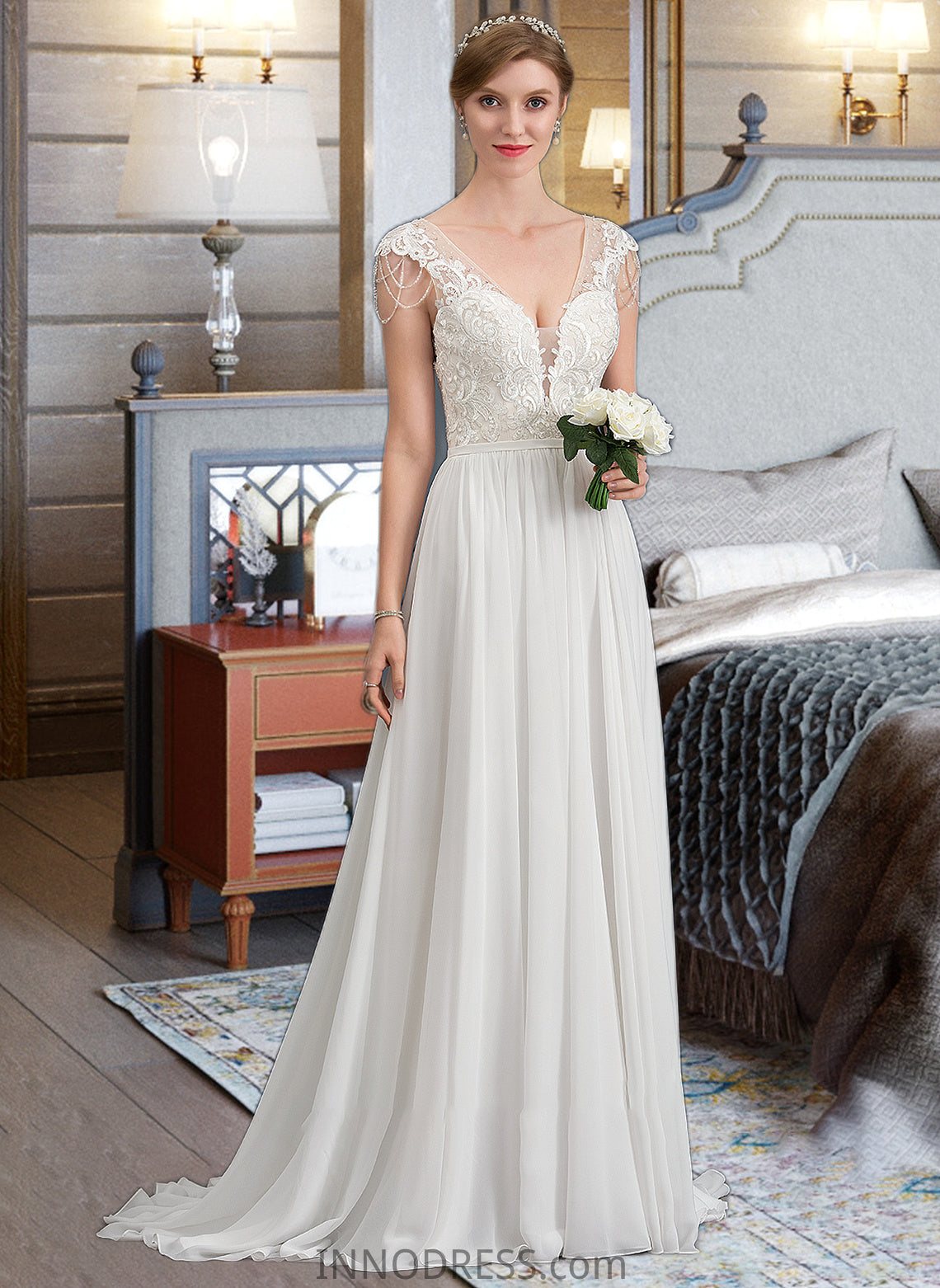 Noelle A-Line V-neck Sweep Train Chiffon Wedding Dress With Beading Sequins DPP0013792