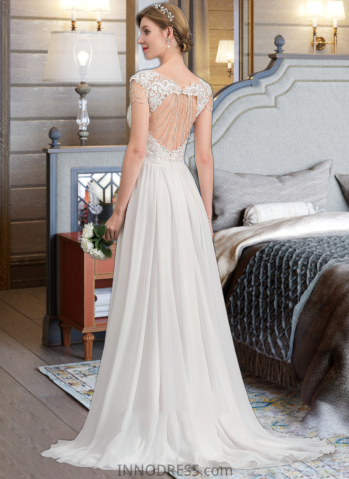 Noelle A-Line V-neck Sweep Train Chiffon Wedding Dress With Beading Sequins DPP0013792