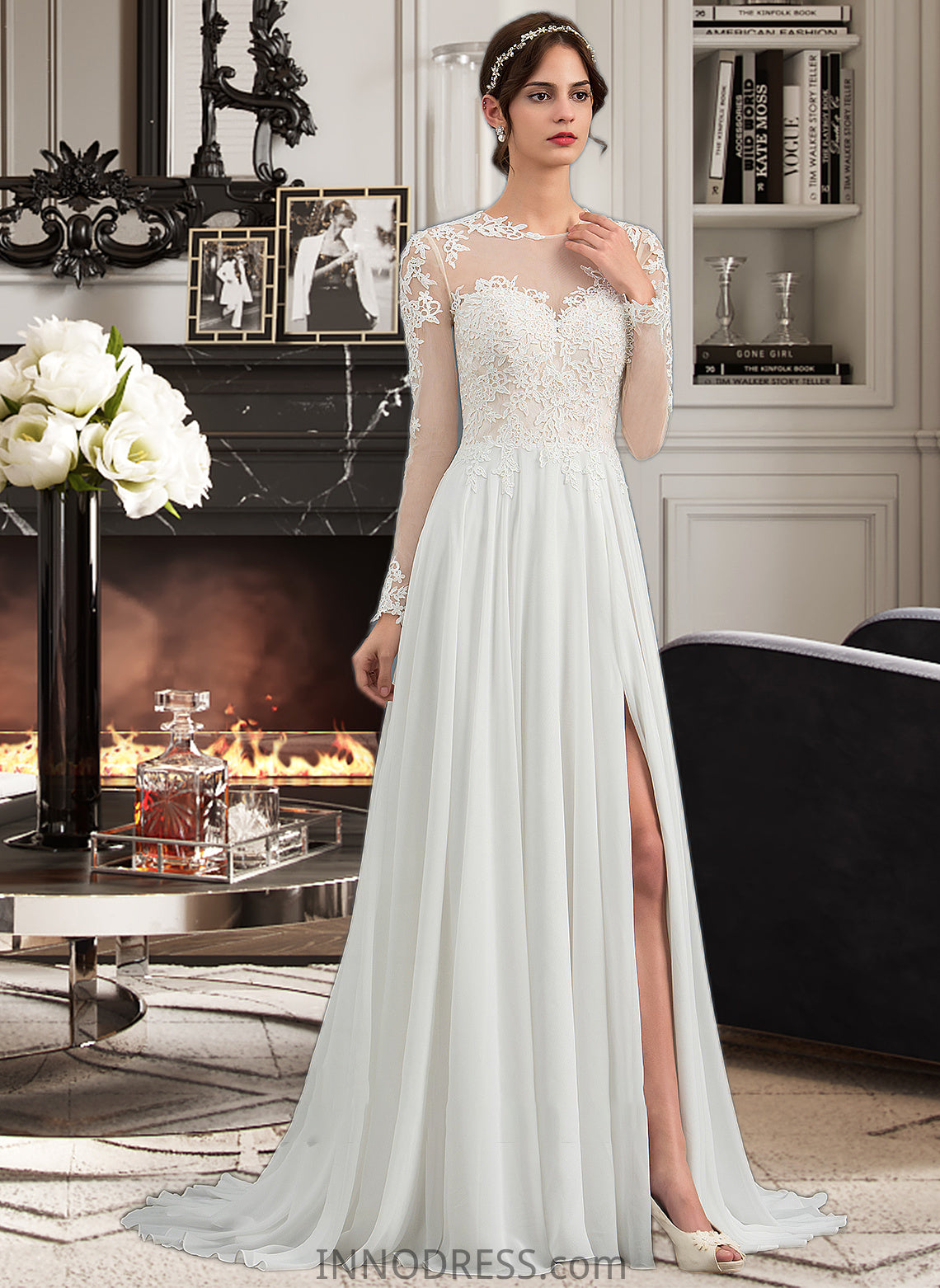 Amelie A-Line Illusion Sweep Train Chiffon Wedding Dress With Appliques Lace Split Front DPP0013793