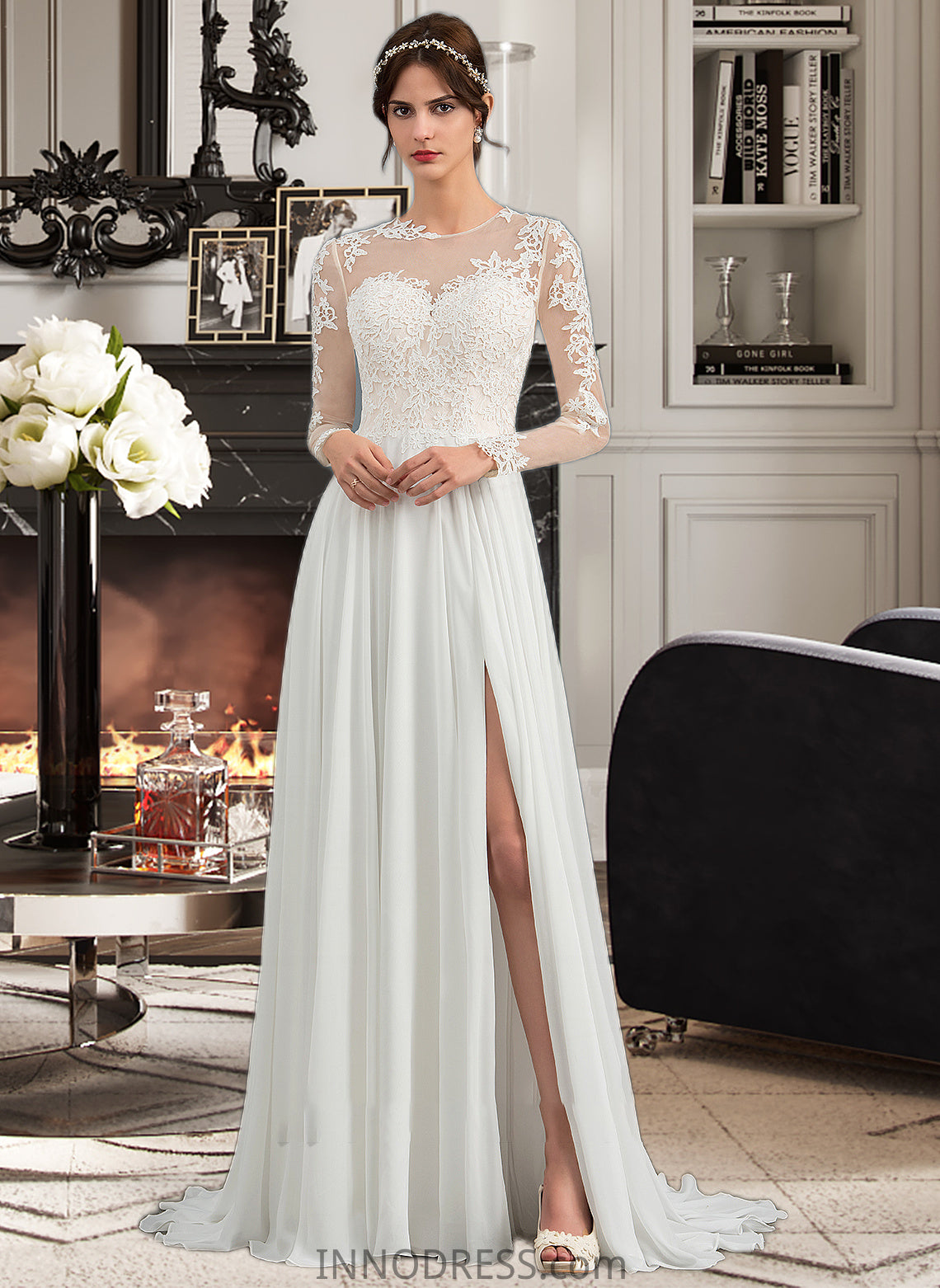 Amelie A-Line Illusion Sweep Train Chiffon Wedding Dress With Appliques Lace Split Front DPP0013793