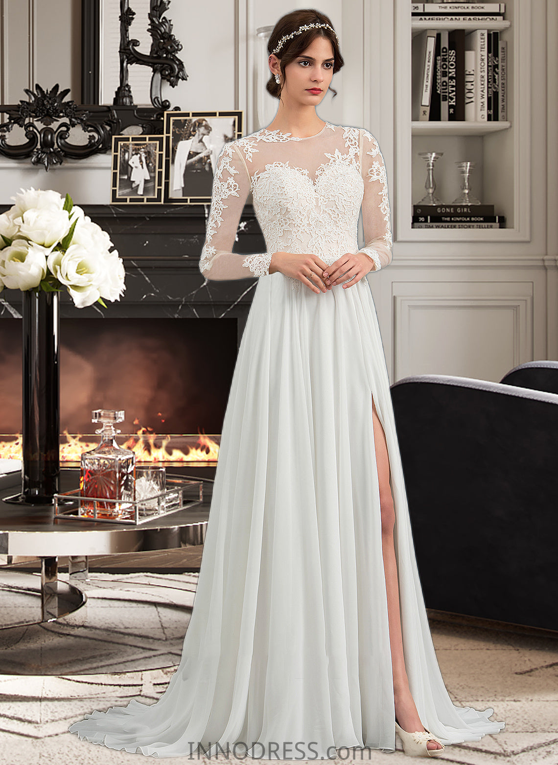 Amelie A-Line Illusion Sweep Train Chiffon Wedding Dress With Appliques Lace Split Front DPP0013793