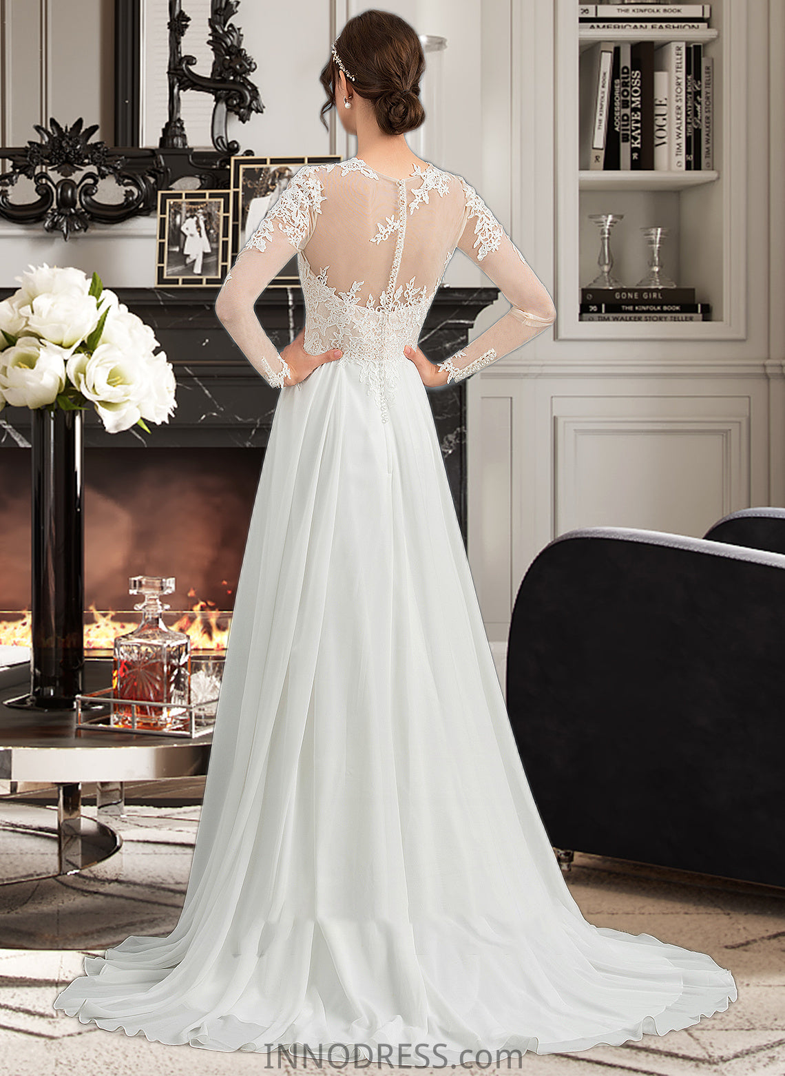 Amelie A-Line Illusion Sweep Train Chiffon Wedding Dress With Appliques Lace Split Front DPP0013793