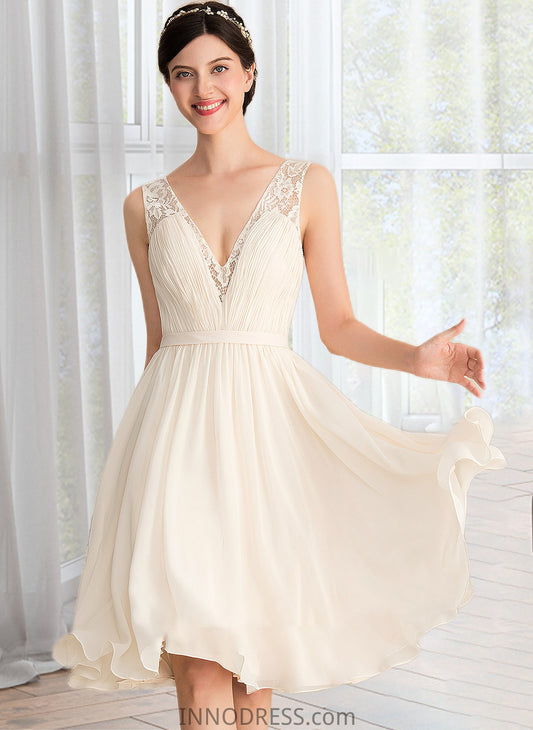 Harley A-Line V-neck Knee-Length Chiffon Lace Wedding Dress With Ruffle DPP0013794