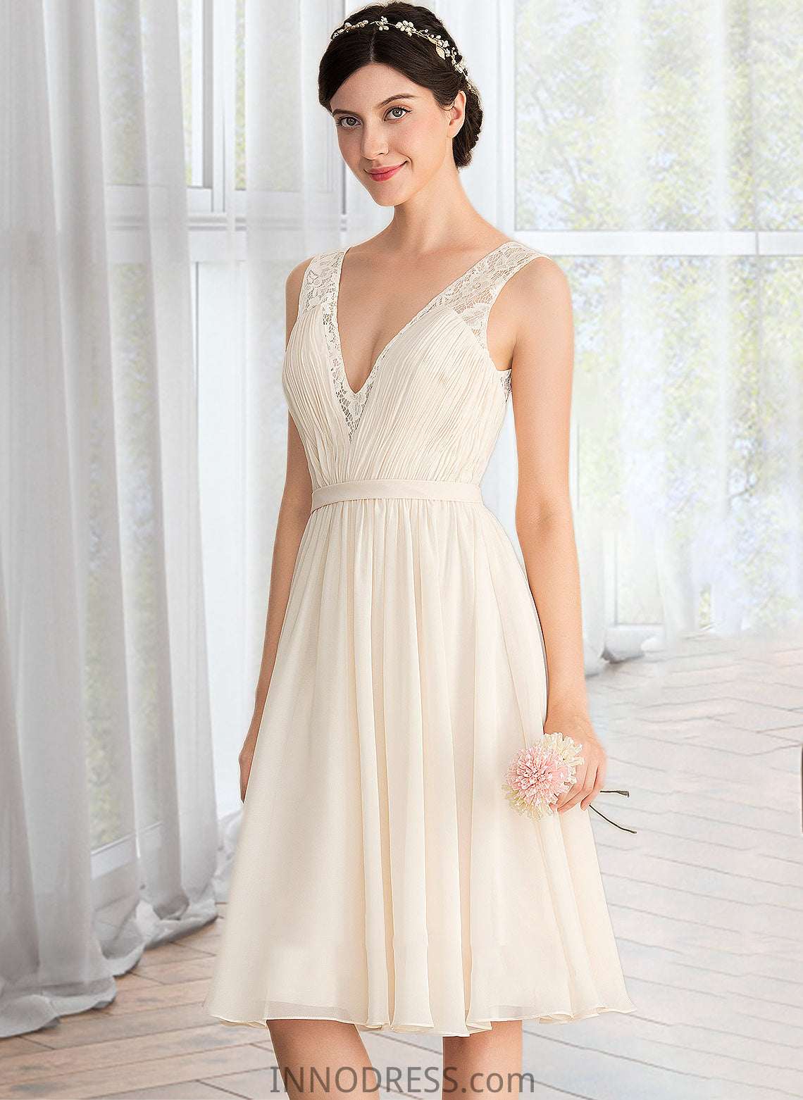 Harley A-Line V-neck Knee-Length Chiffon Lace Wedding Dress With Ruffle DPP0013794