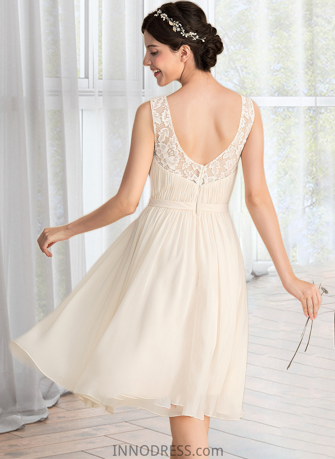 Harley A-Line V-neck Knee-Length Chiffon Lace Wedding Dress With Ruffle DPP0013794