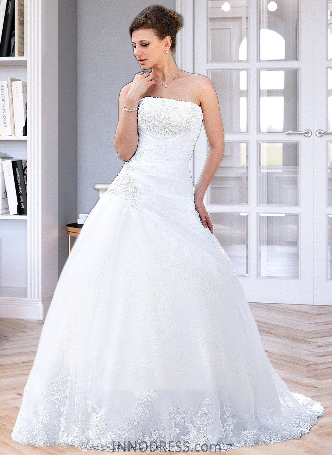 Kenzie Ball-Gown/Princess Strapless Chapel Train Satin Organza Wedding Dress With Lace Beading DPP0013796