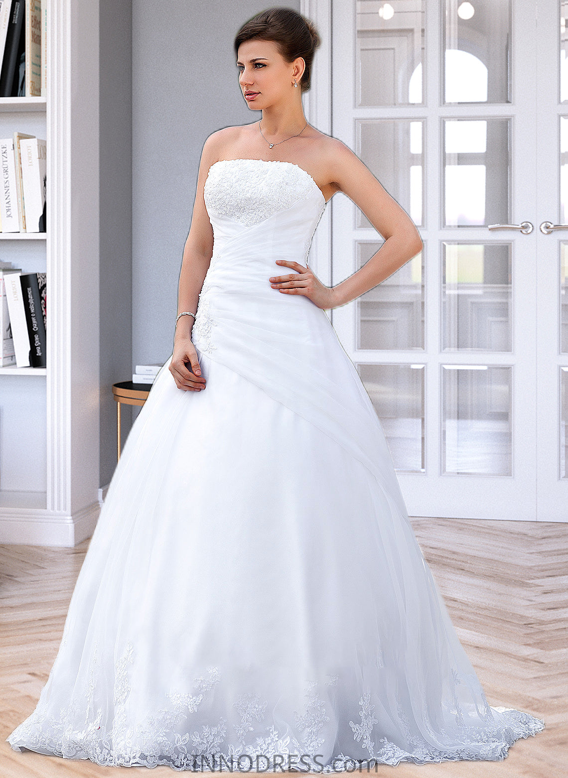 Kenzie Ball-Gown/Princess Strapless Chapel Train Satin Organza Wedding Dress With Lace Beading DPP0013796