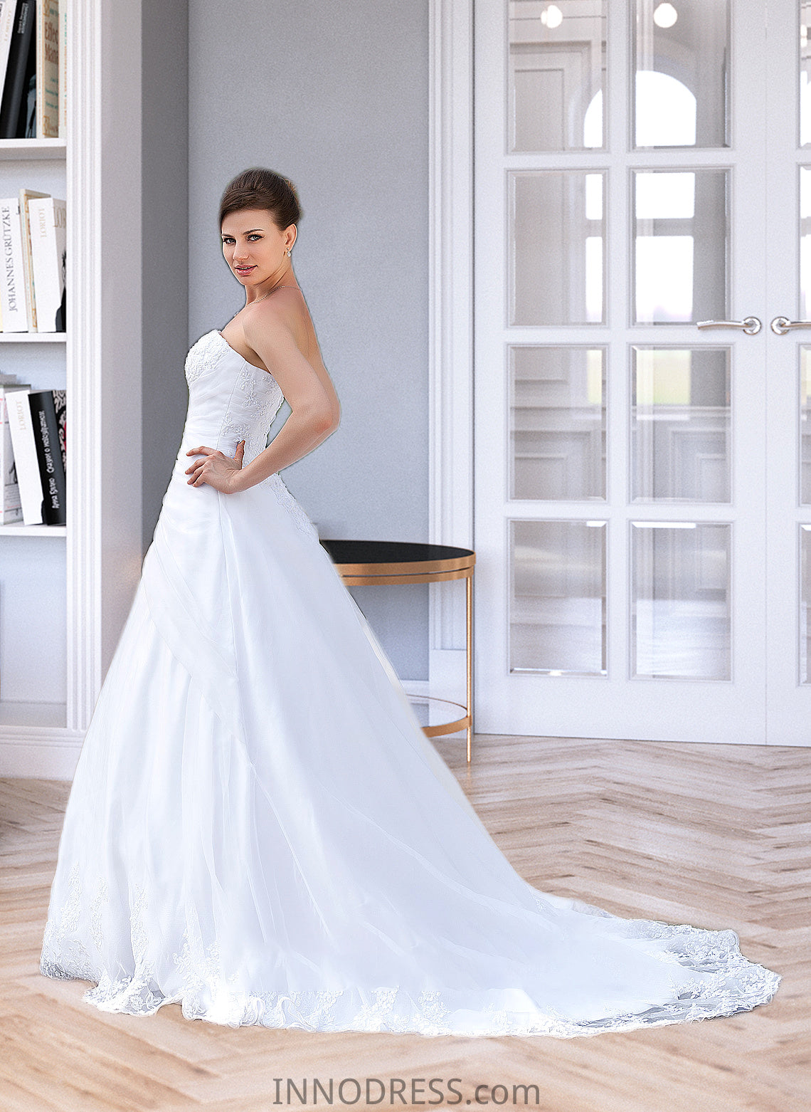 Kenzie Ball-Gown/Princess Strapless Chapel Train Satin Organza Wedding Dress With Lace Beading DPP0013796