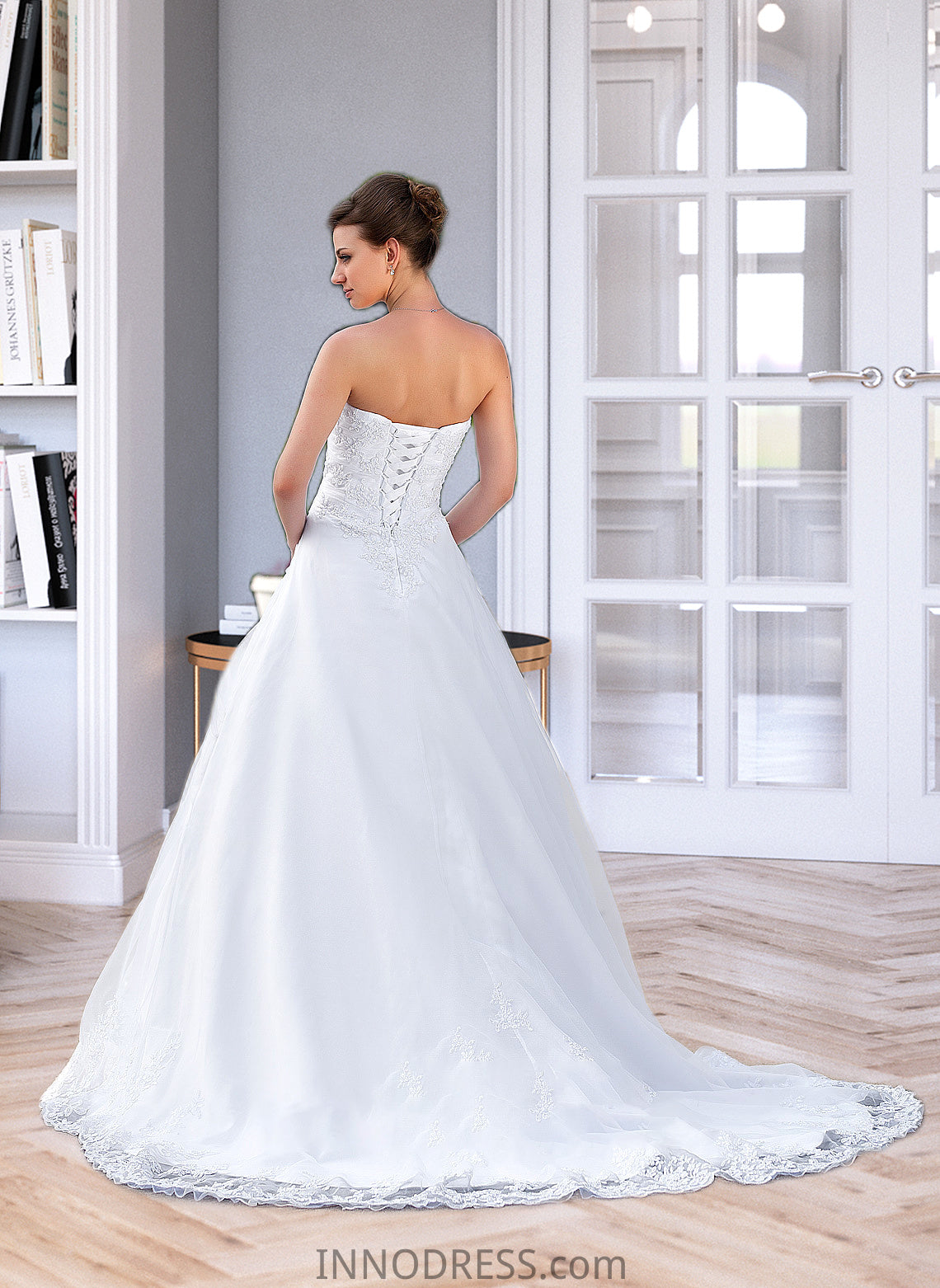 Kenzie Ball-Gown/Princess Strapless Chapel Train Satin Organza Wedding Dress With Lace Beading DPP0013796