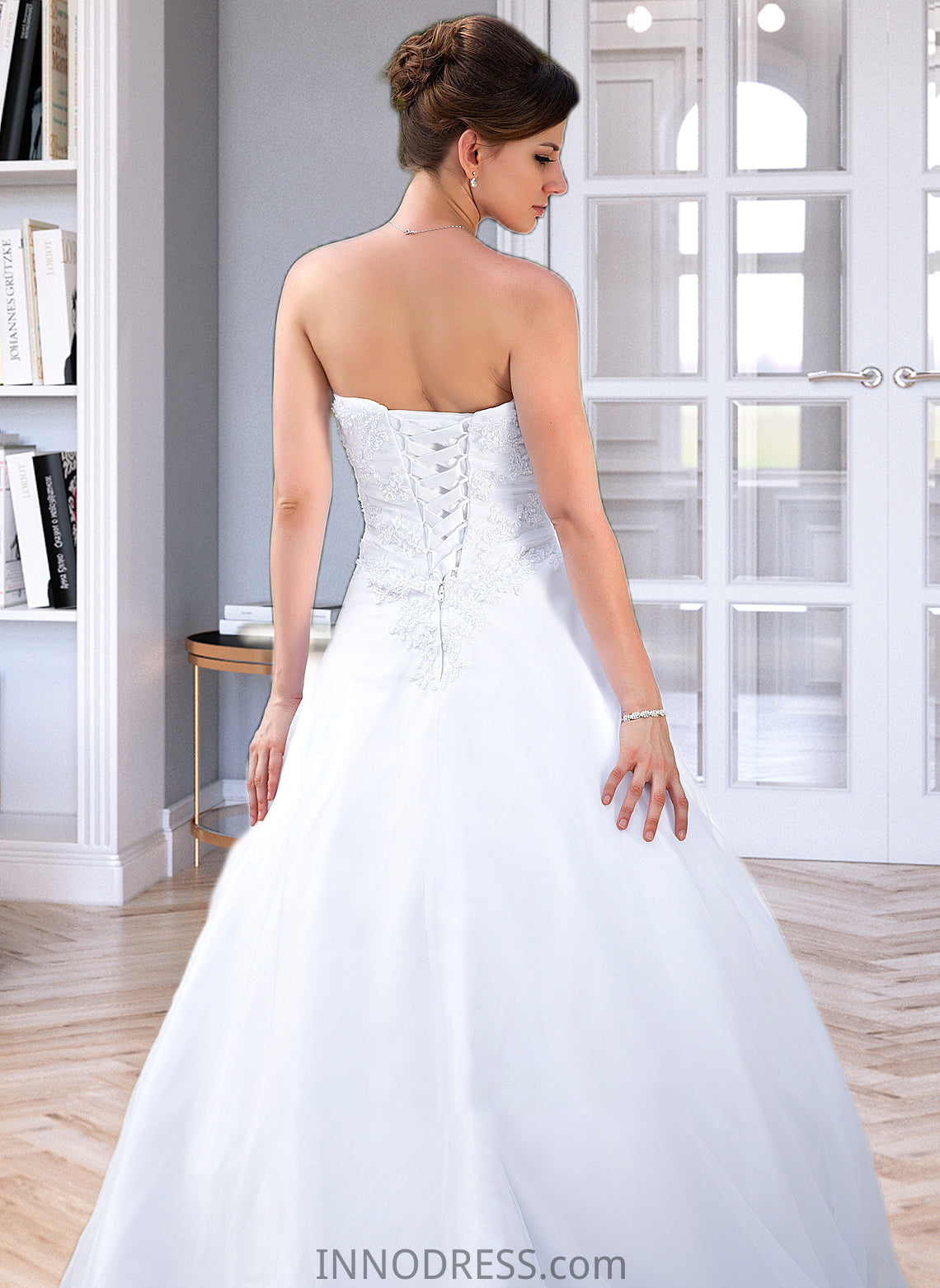 Kenzie Ball-Gown/Princess Strapless Chapel Train Satin Organza Wedding Dress With Lace Beading DPP0013796