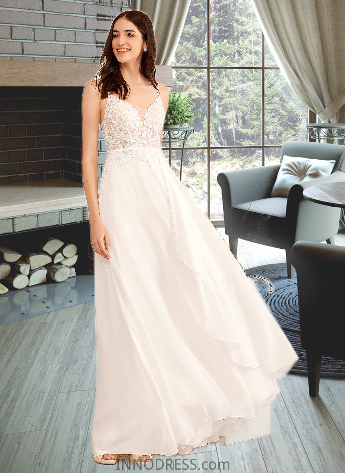 Lina A-Line V-neck Floor-Length Wedding Dress With Sequins DPP0013797