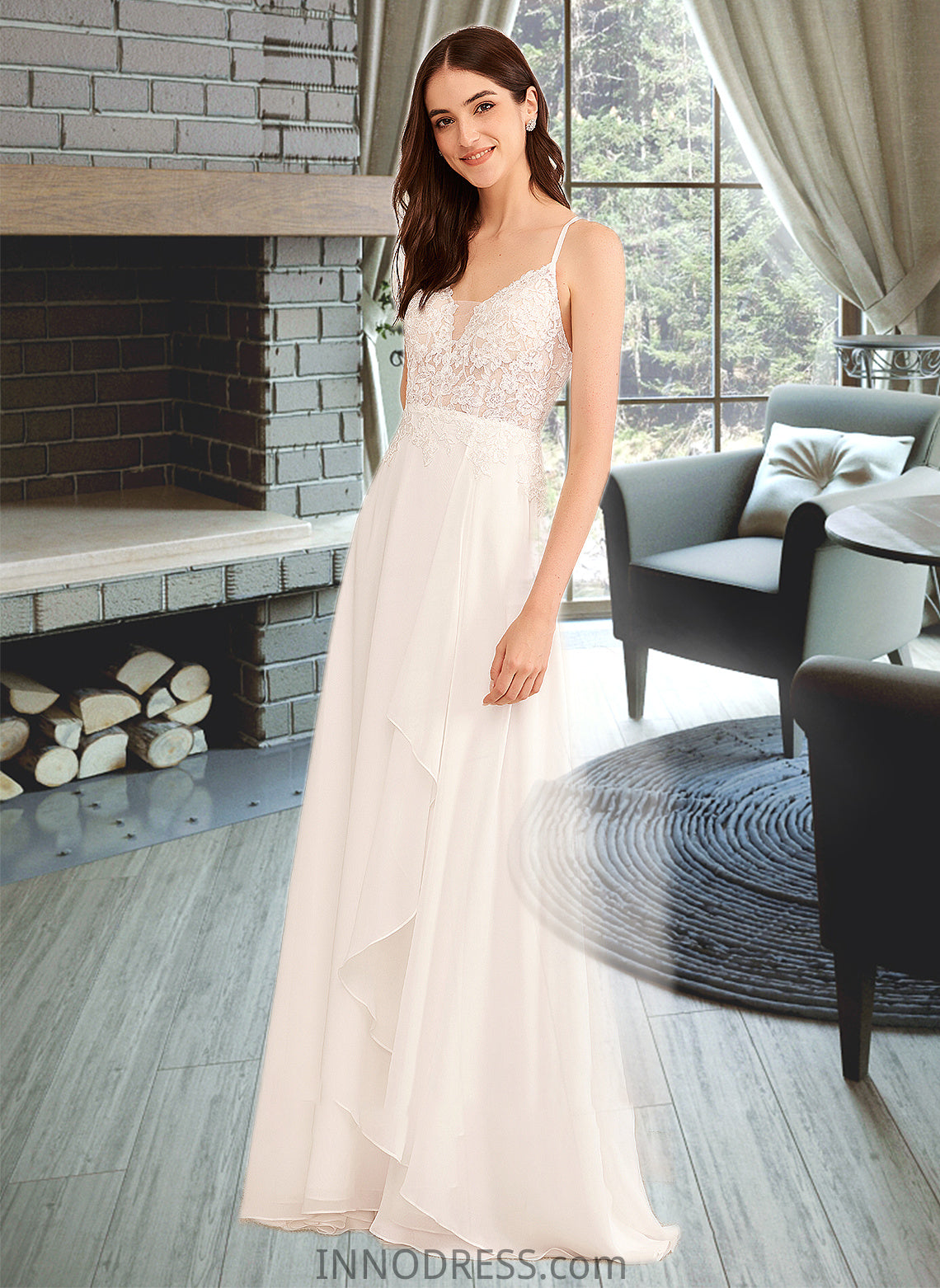 Lina A-Line V-neck Floor-Length Wedding Dress With Sequins DPP0013797