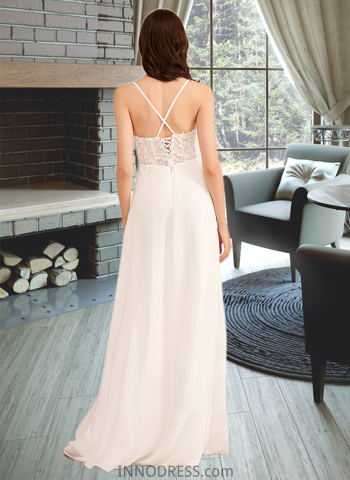 Lina A-Line V-neck Floor-Length Wedding Dress With Sequins DPP0013797