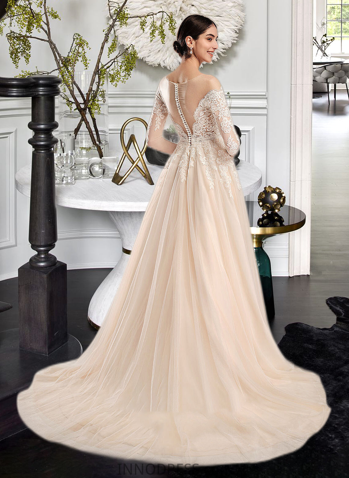 Salome Ball-Gown/Princess Illusion Chapel Train Wedding Dress With Sequins DPP0013798