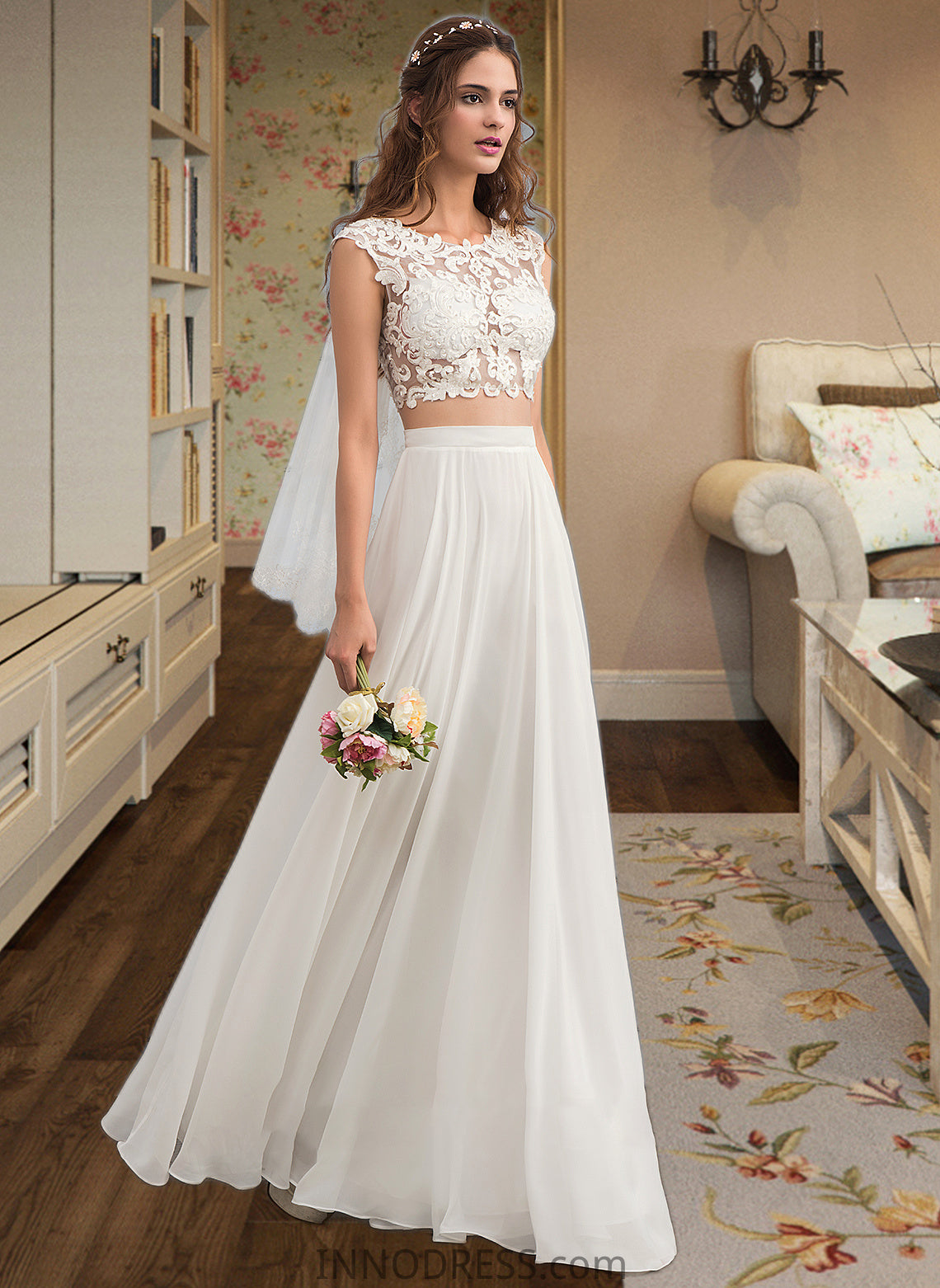 Laurel A-Line Scoop Neck Floor-Length Chiffon Wedding Dress With Beading Sequins DPP0013799