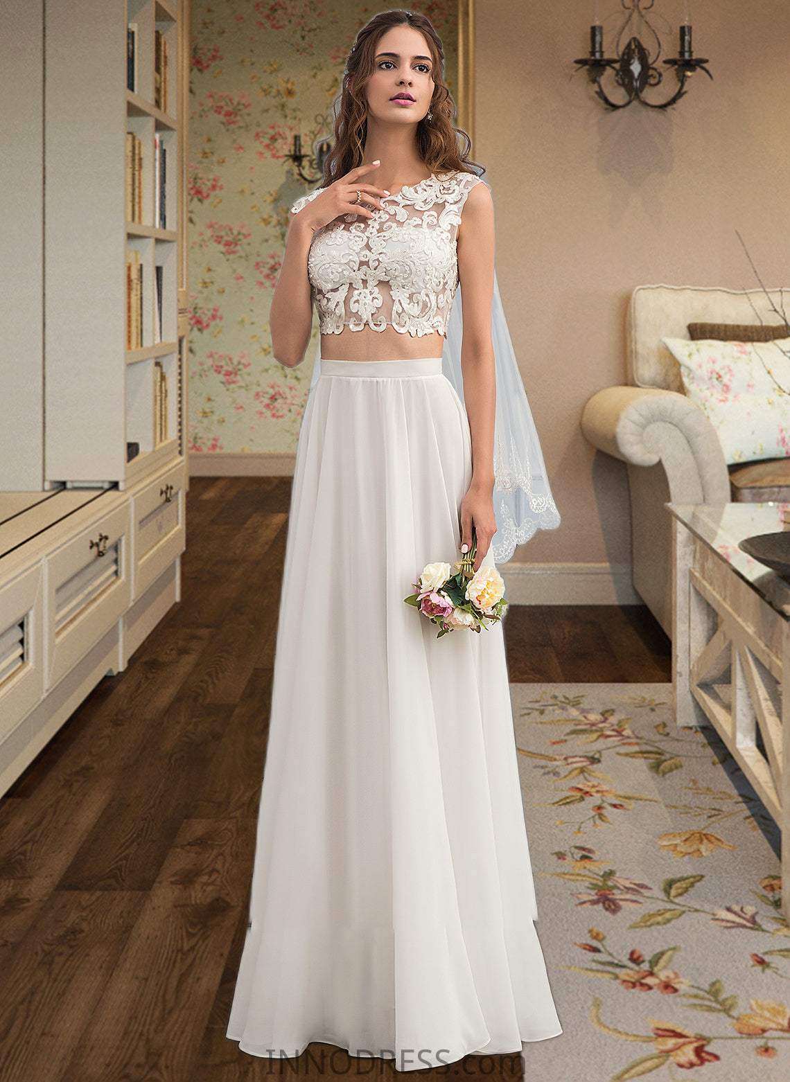 Laurel A-Line Scoop Neck Floor-Length Chiffon Wedding Dress With Beading Sequins DPP0013799