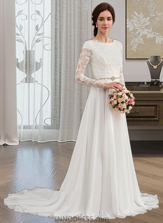 Perla A-Line Scoop Neck Court Train Chiffon Wedding Dress With Beading DPP0013800