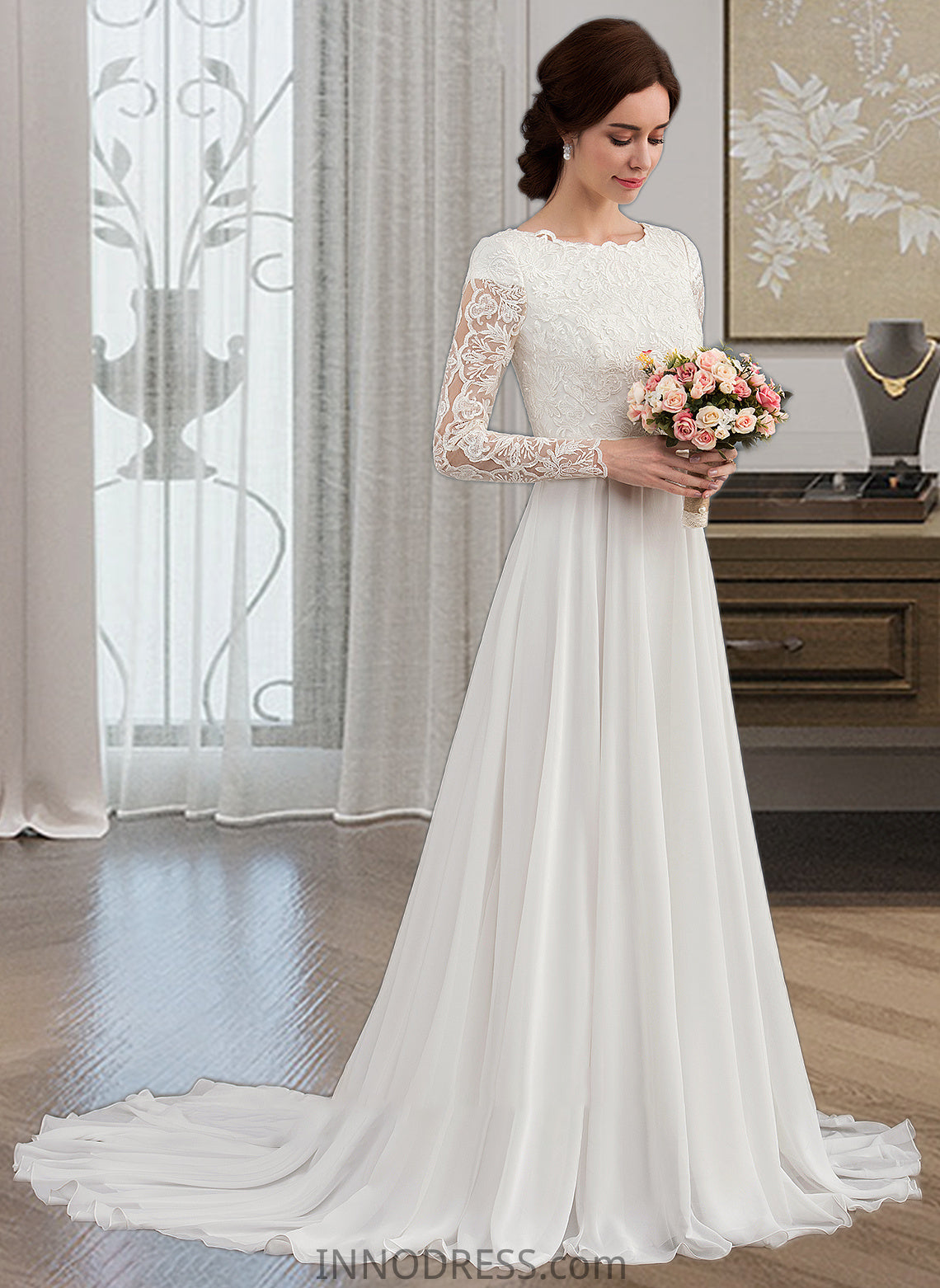 Perla A-Line Scoop Neck Court Train Chiffon Wedding Dress With Beading DPP0013800