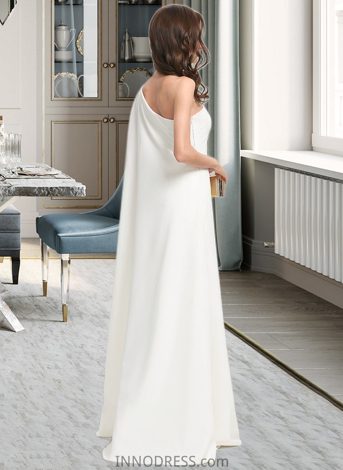 Christine Sheath/Column One-Shoulder Floor-Length Stretch Crepe Wedding Dress DPP0013801