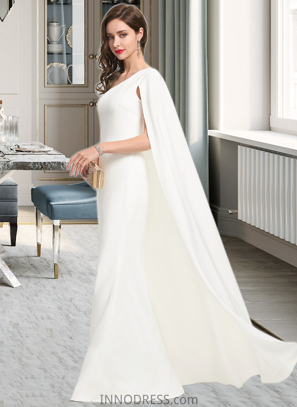 Christine Sheath/Column One-Shoulder Floor-Length Stretch Crepe Wedding Dress DPP0013801