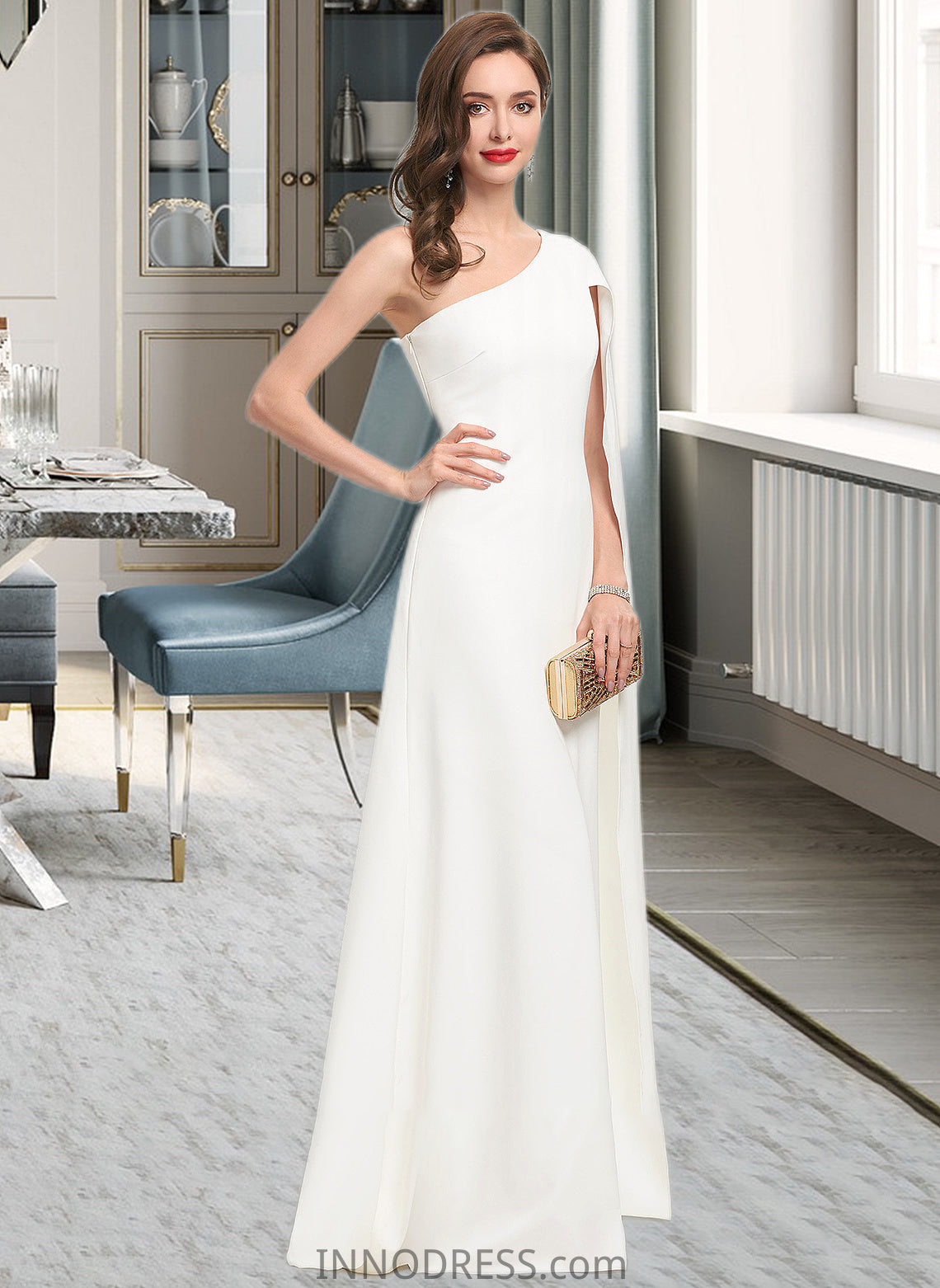 Christine Sheath/Column One-Shoulder Floor-Length Stretch Crepe Wedding Dress DPP0013801