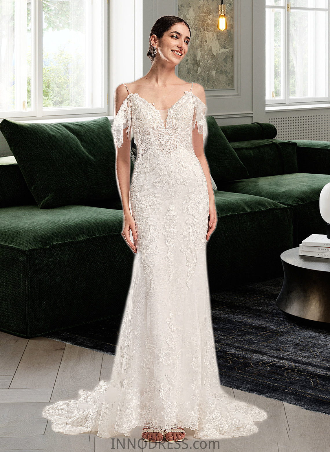 Damaris Trumpet/Mermaid V-neck Chapel Train Wedding Dress With Beading Sequins DPP0013802