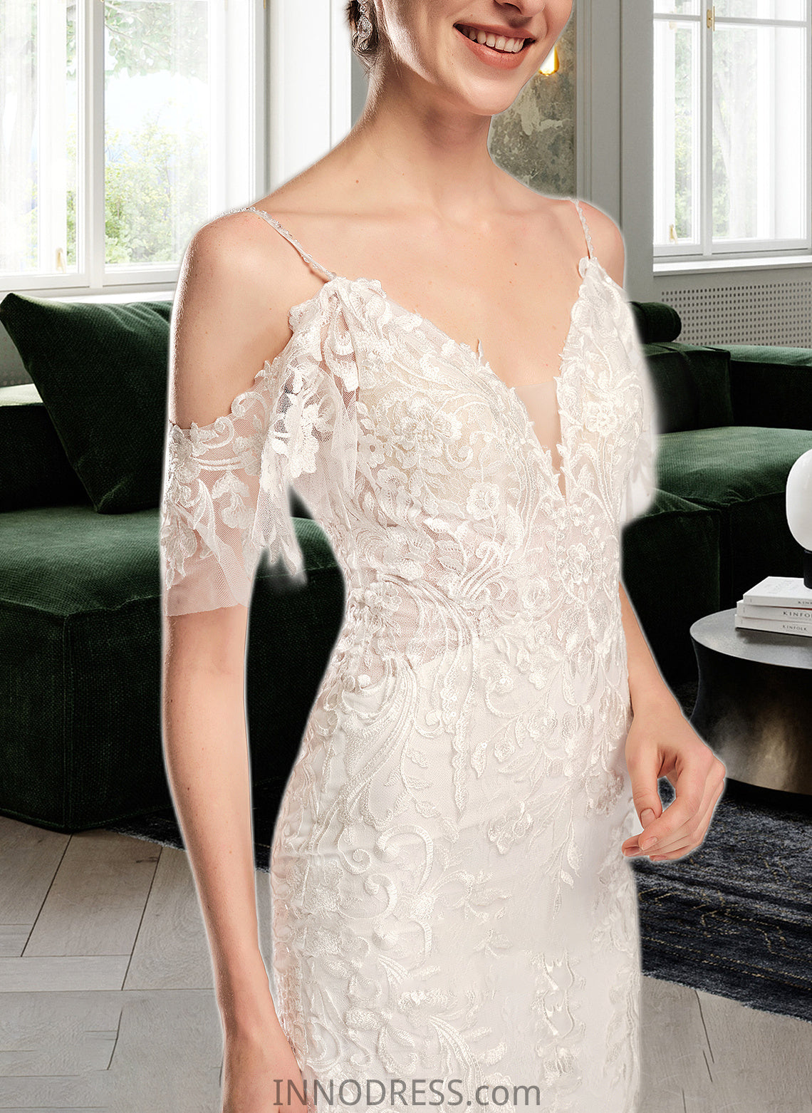 Damaris Trumpet/Mermaid V-neck Chapel Train Wedding Dress With Beading Sequins DPP0013802