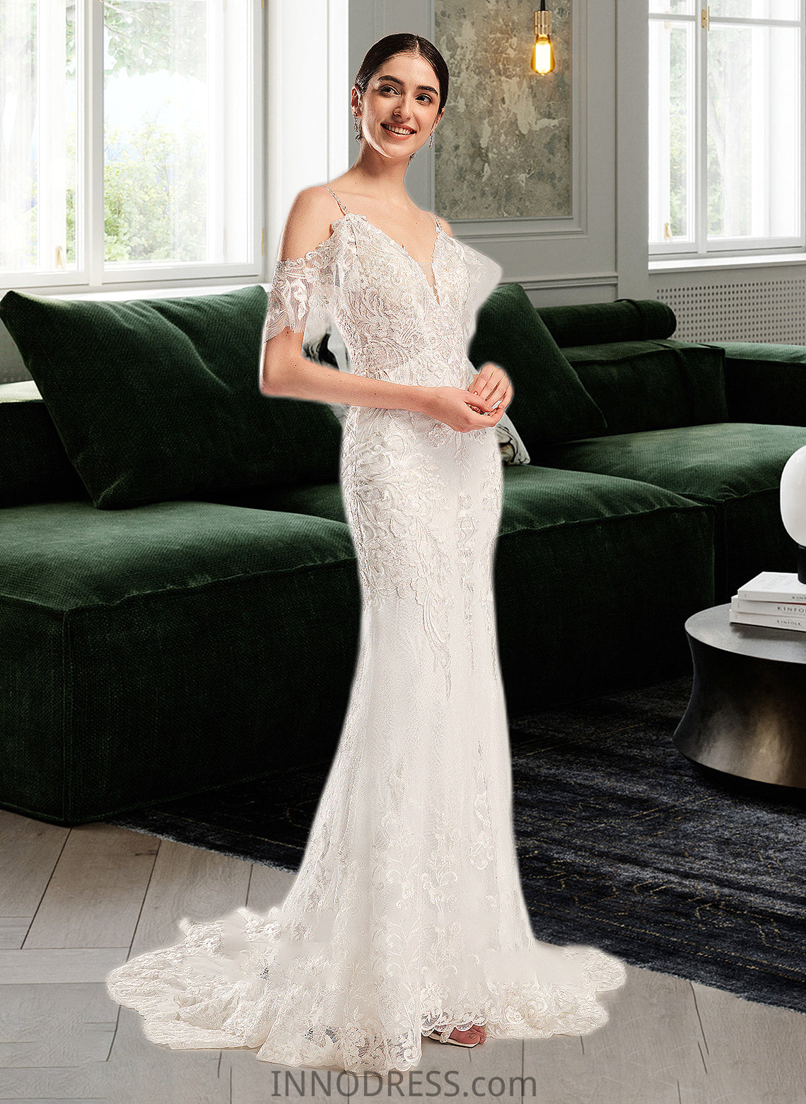 Damaris Trumpet/Mermaid V-neck Chapel Train Wedding Dress With Beading Sequins DPP0013802