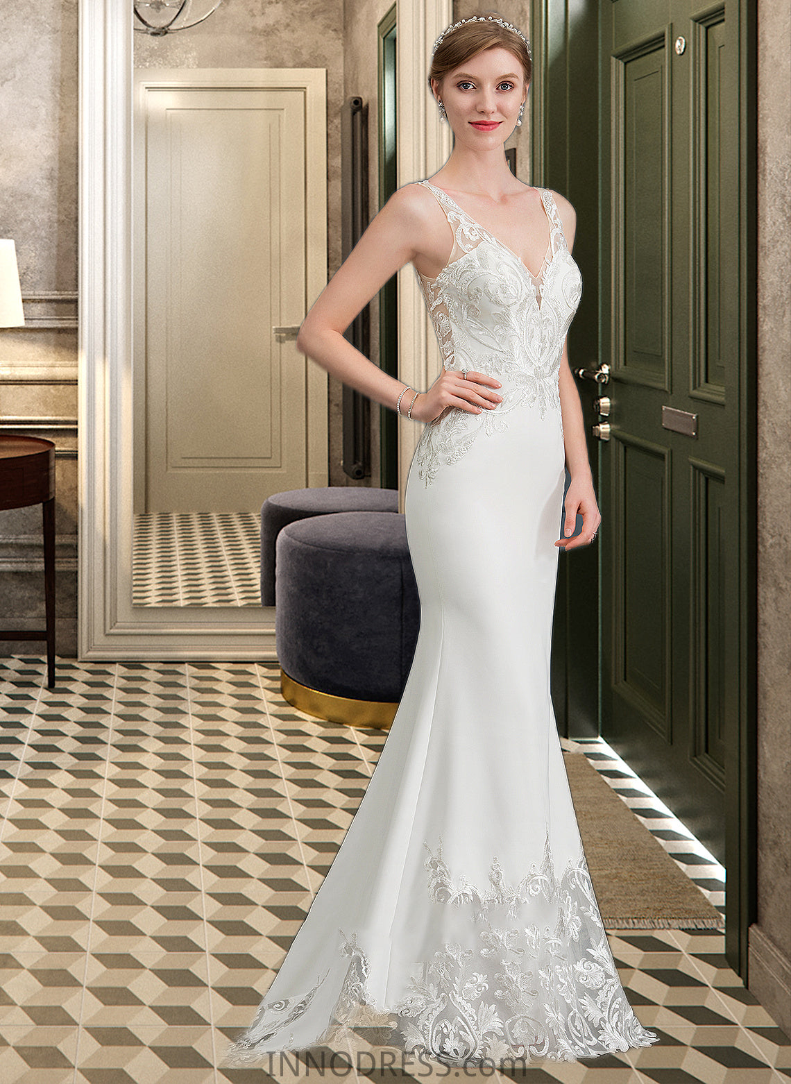 Imani Trumpet/Mermaid V-neck Court Train Stretch Crepe Wedding Dress DPP0013803