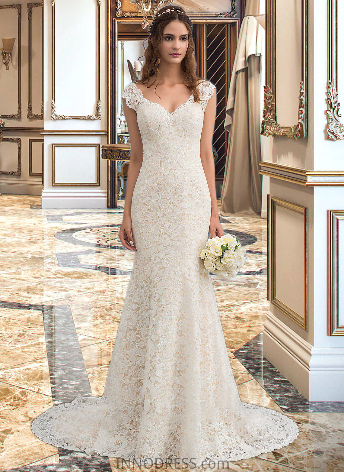 Martina Trumpet/Mermaid V-neck Court Train Lace Wedding Dress DPP0013804