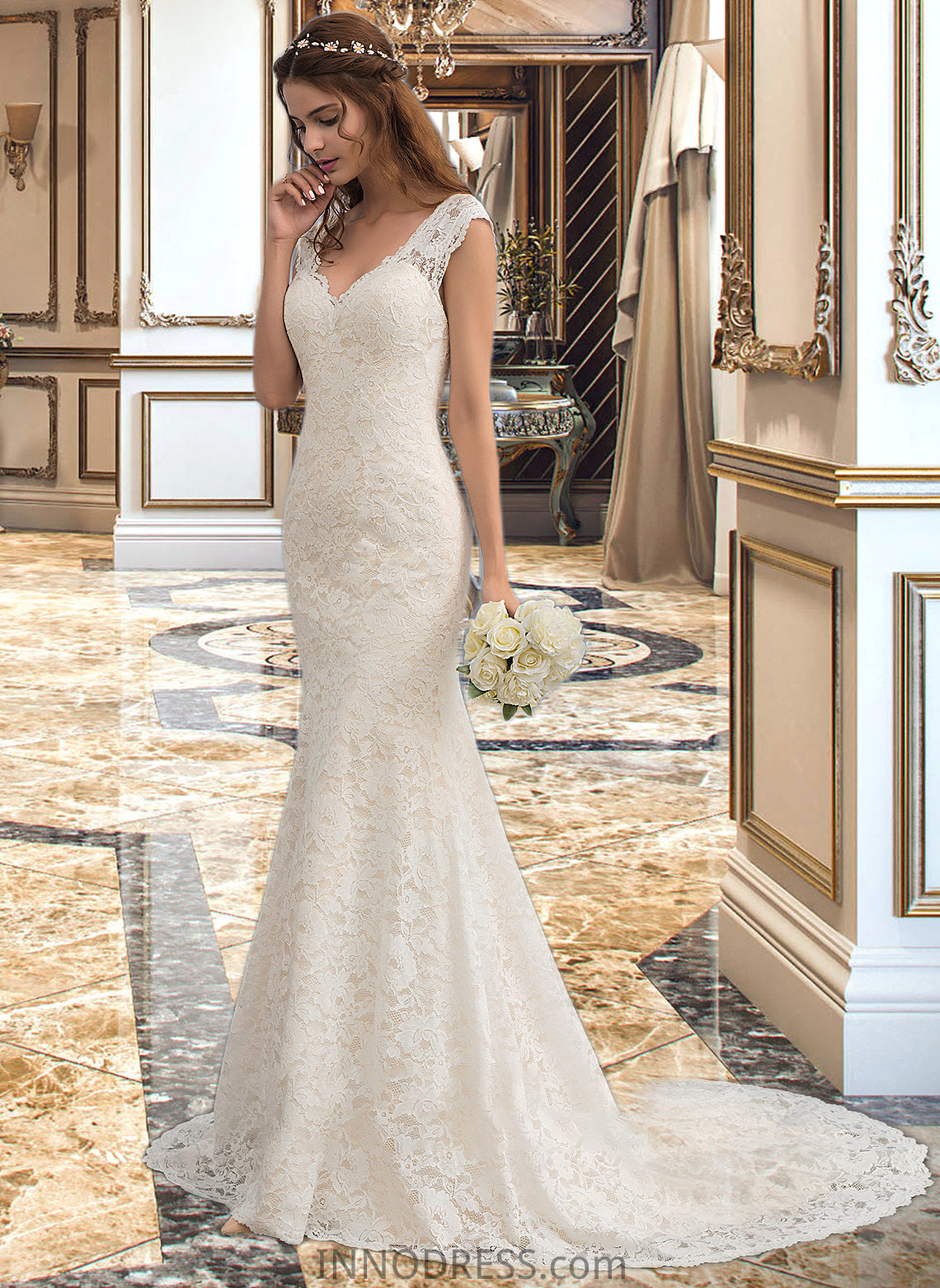 Martina Trumpet/Mermaid V-neck Court Train Lace Wedding Dress DPP0013804