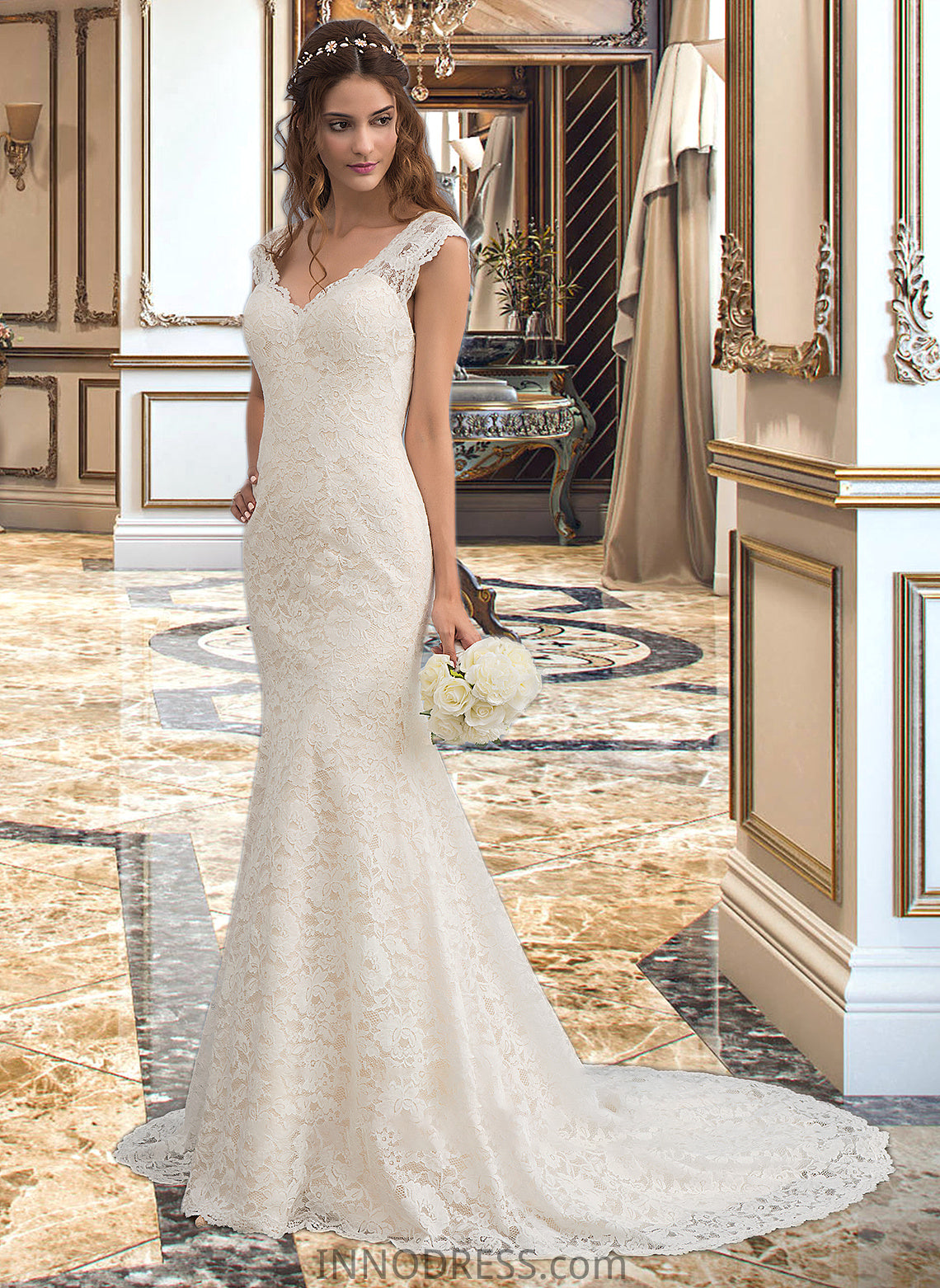 Martina Trumpet/Mermaid V-neck Court Train Lace Wedding Dress DPP0013804