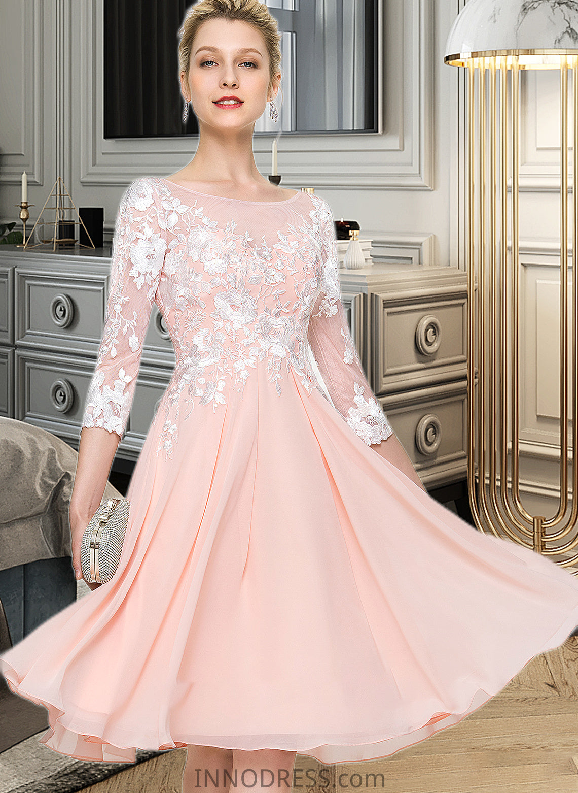 Kenzie Scoop Neck Knee-Length Chiffon Wedding Dress DPP0013805