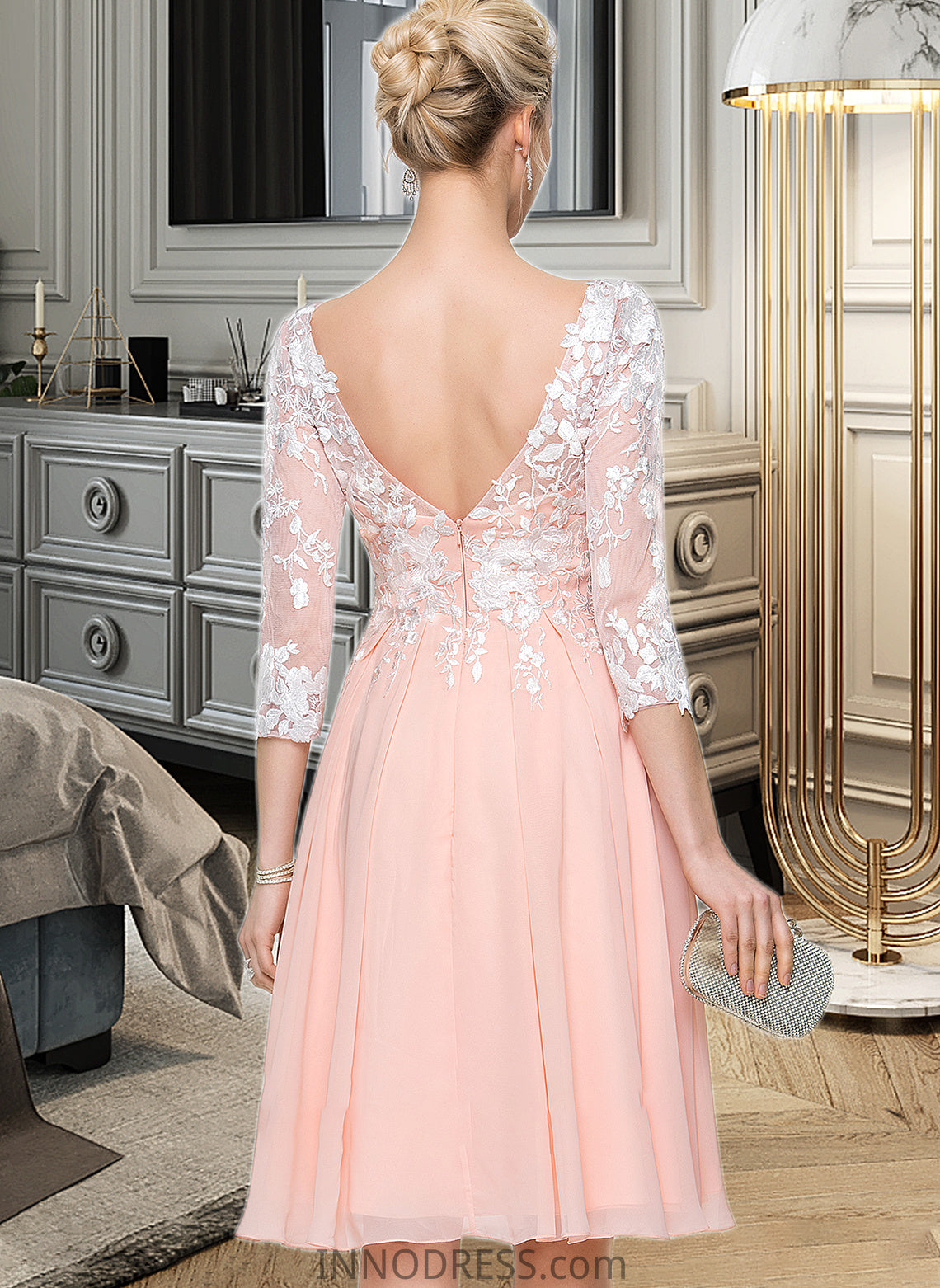 Kenzie Scoop Neck Knee-Length Chiffon Wedding Dress DPP0013805